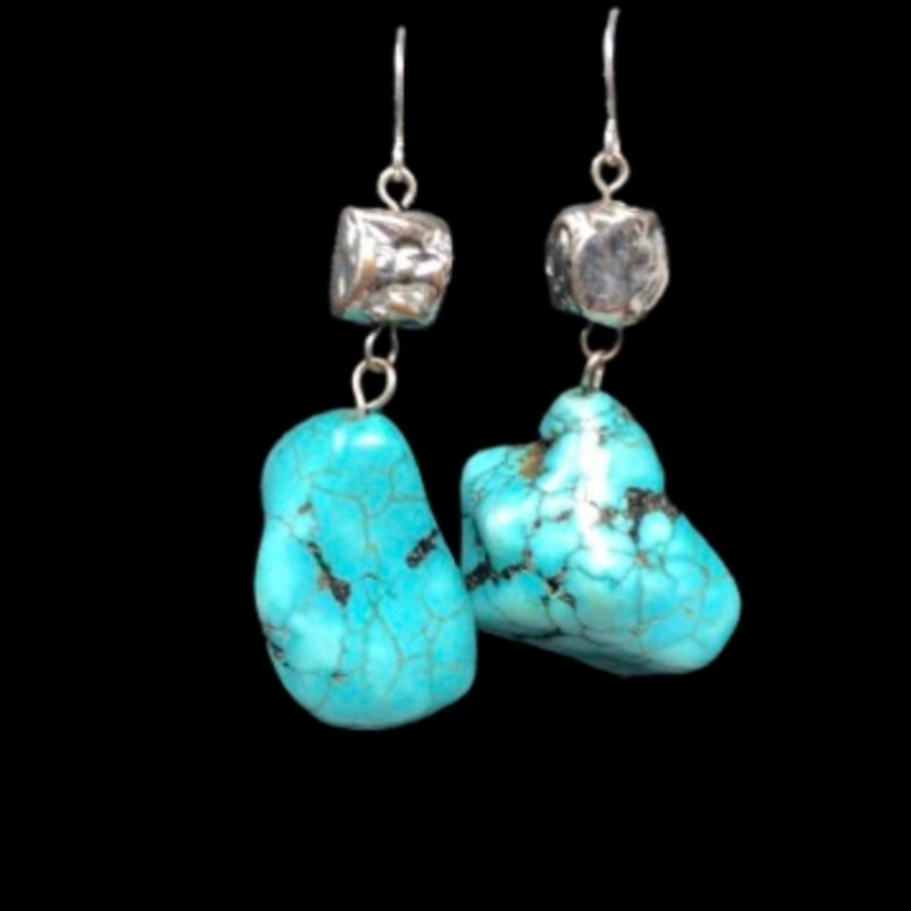 Simulated Turquoise Dangle Earrings Boho Chunky Southwestern Style Fashion